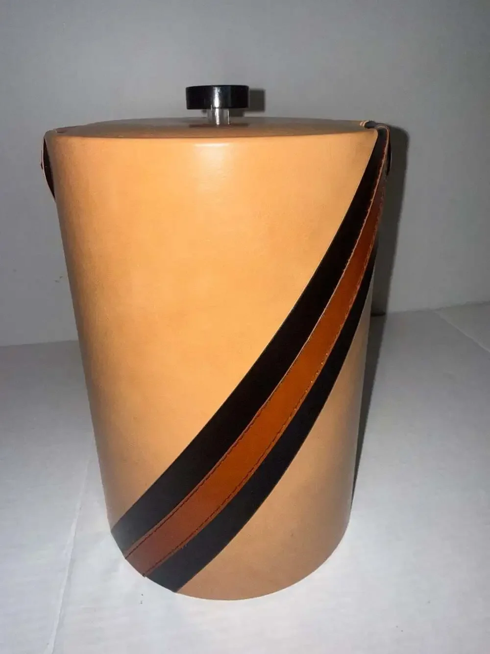 Vintage Georges Briard Mid-Century Modern‎ Tan Vinyl Striped Ice Bucket